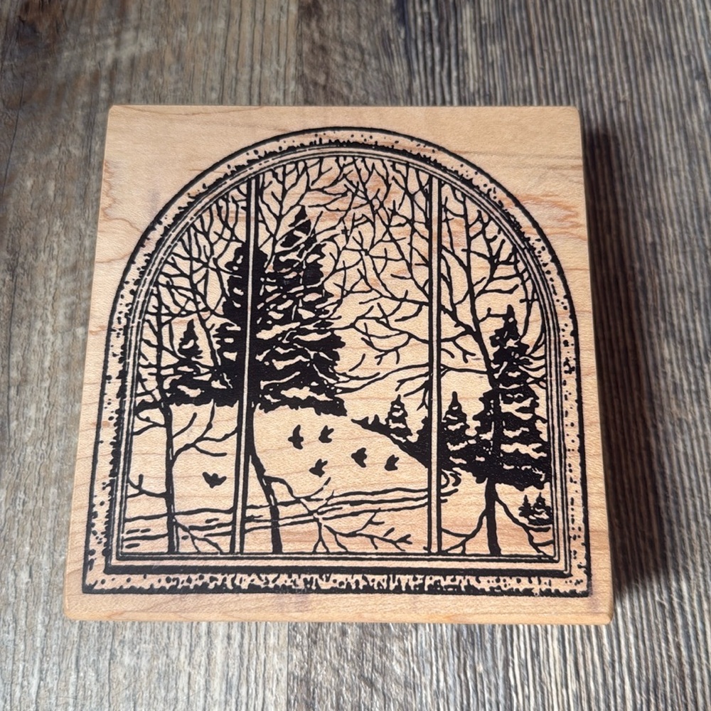 Magenta XL Stamp Winter Forest Snow Scene Rubber Birds Trees Christmas Window